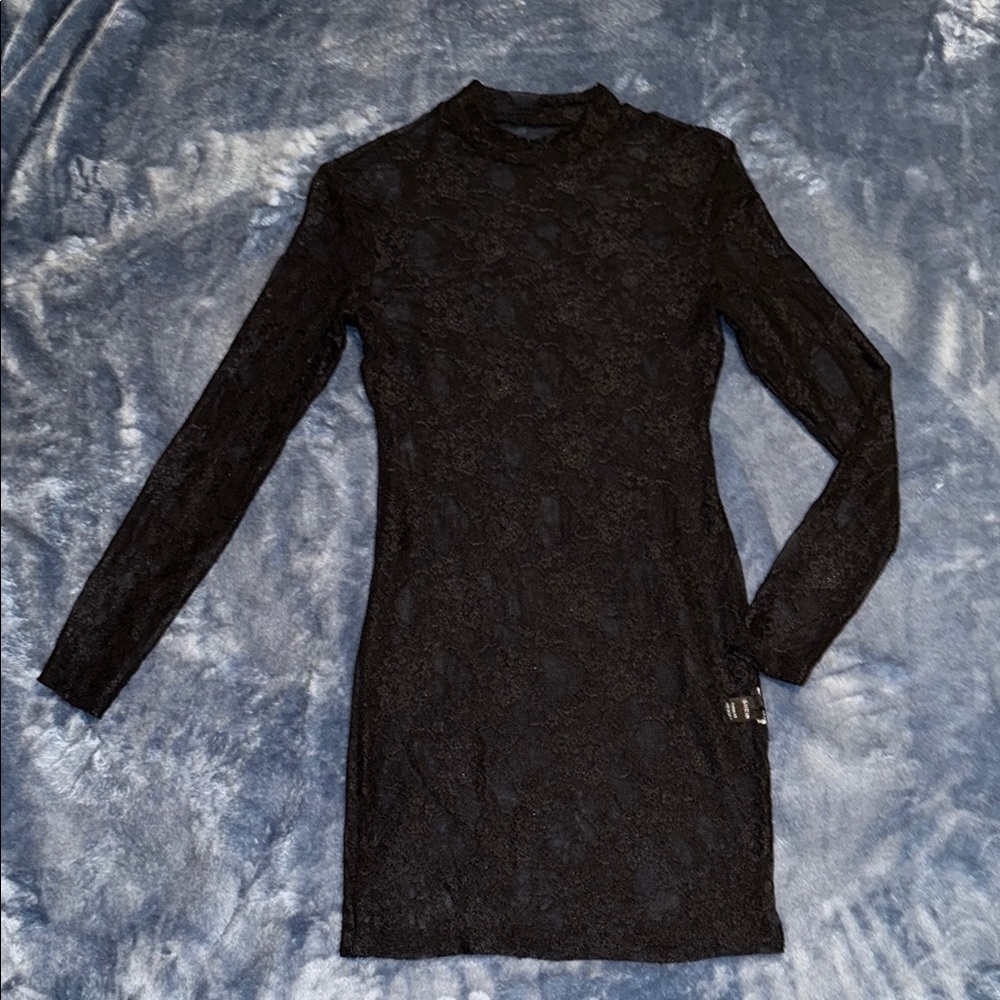 Black Lace Sheer Bodycon Dress with Mock Neck